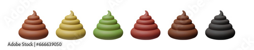 Set of 3D Pile of Shit. Render Stinking Poo Icon. Smelling Fecal. Vector illustration about Cartoon stool in plasticine style. Pet animal Excrement, Crap, turd. Toilet realistic brown collection
