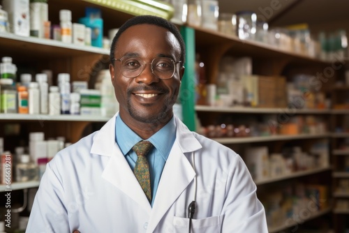 African doctor proudly standing in his medical practice.