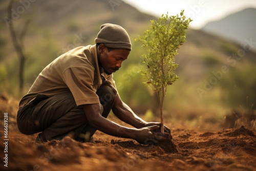 African environmentalist planting a tree, emphasizing conservation and ecology.