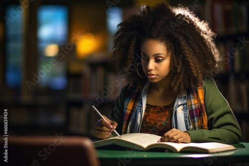 African woman studying in library, focused on academic success.