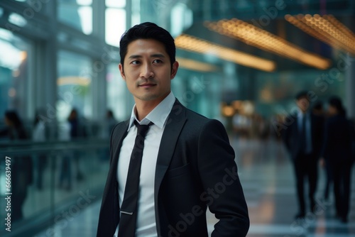 Asian businessman in modern urban environment.