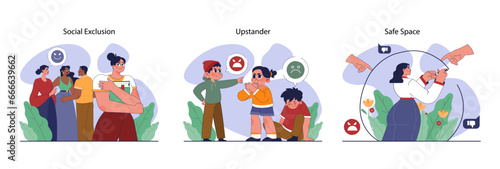 Bullying set. Upset victim being bullied and shamed by others. Harassment