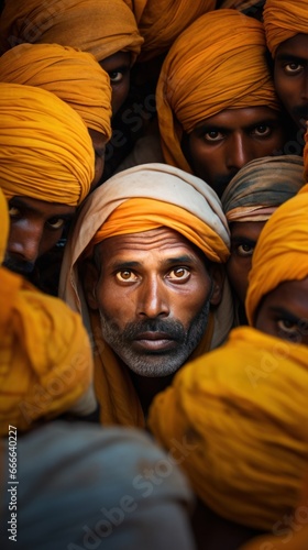 man surrounded by a crowd of people in yellow and orange