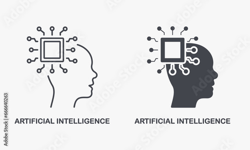 AI in Human Brain Pictogram. Digital Technology and Machine Learning Symbol Collection. Artificial Intelligence Silhouette and Line Icon Set. Isolated Vector Illustration