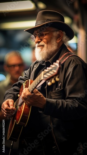 musician plays guitar on the street among a crowd of people