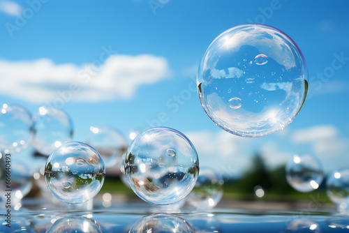 Big bubbles, blurred clear sky and cloud. AI generative