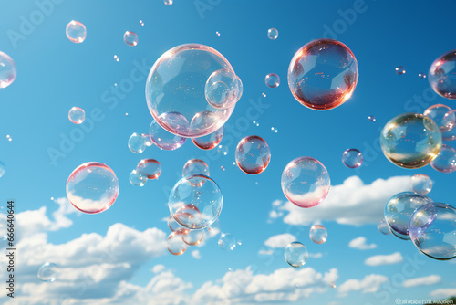 Big bubbles, blurred clear sky and cloud. AI generative