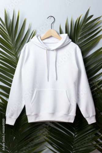 Empty white hoodie mock up on a palm leaves background. AI generative