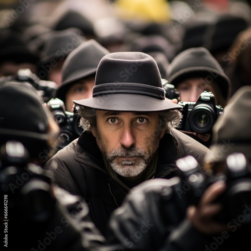 photographer with a camera among a crowd of people on the street
