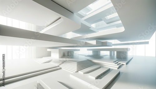 A vision of clean, white abstract architecture, where large open spaces intersect with delicate structures, creating an atmosphere of serenity and minimalism.