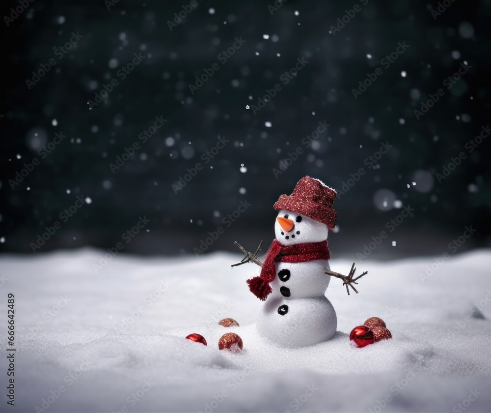 Playful Snowman with Red Hat and Scarf, Winter Wonderland Holiday and Christmas Background