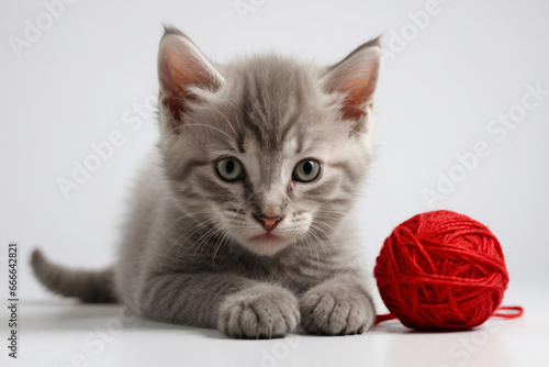 Gray fluffy cat with a red ball on a white background photo