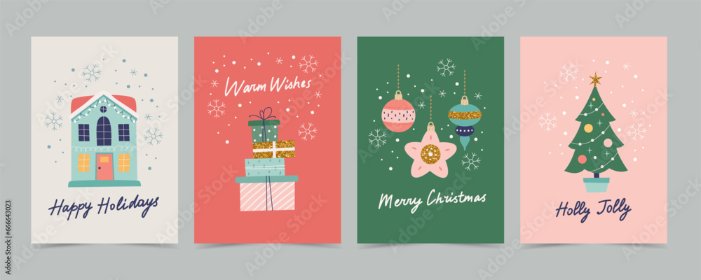 Christmas card set with decorations and calligraphy. Cute and elegant vector illustration templates in simple style