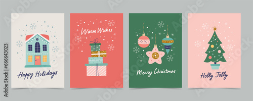 Christmas card set with decorations and calligraphy. Cute and elegant vector illustration templates in simple style