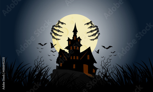 Ghost hand bones cling to the full moon, floating above a dark and terrifying castle on Halloween night. Swarms of bats fly around Dracula's castle towering over the mountains.
