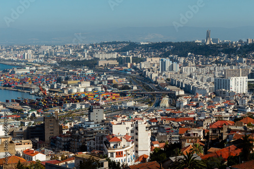 Algiers, Alger, Algeria, 10 17 2023 : Beautiful panorama of the bay of Algiers, with the Maqam Echahid monument ( English : Martyrs Monument ) and the great mosque in the background. © Bruno