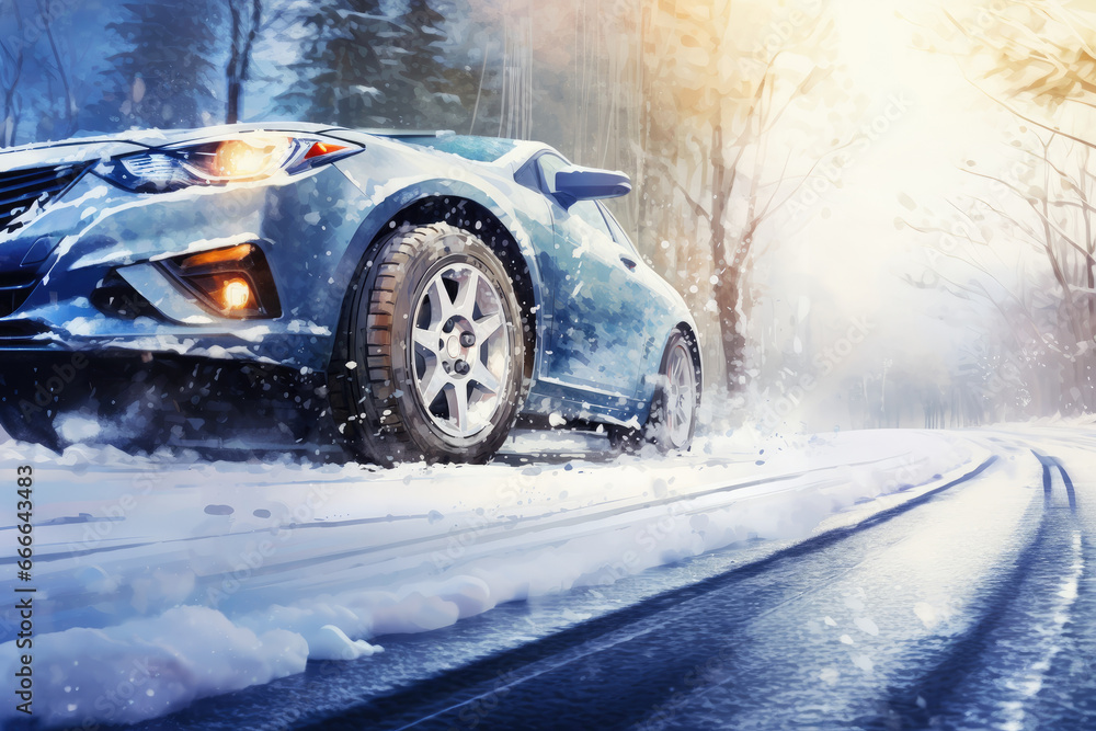 Fototapeta premium Car with winter tires on snow covered road. Watercolor illustration