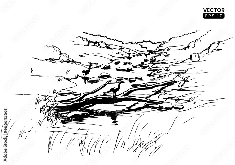 Naklejka premium Landscape sketch. Hand drawn illustration converted to vector. Black sketch on white background.Vector Format