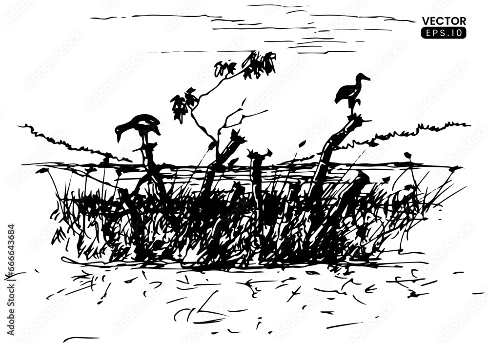 Landscape sketch. Hand drawn illustration converted to vector. Black sketch on white background.

Vector Format