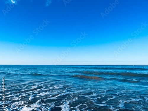 Blue sea horizon, natural blue seascape background, ocean bay, clear sky