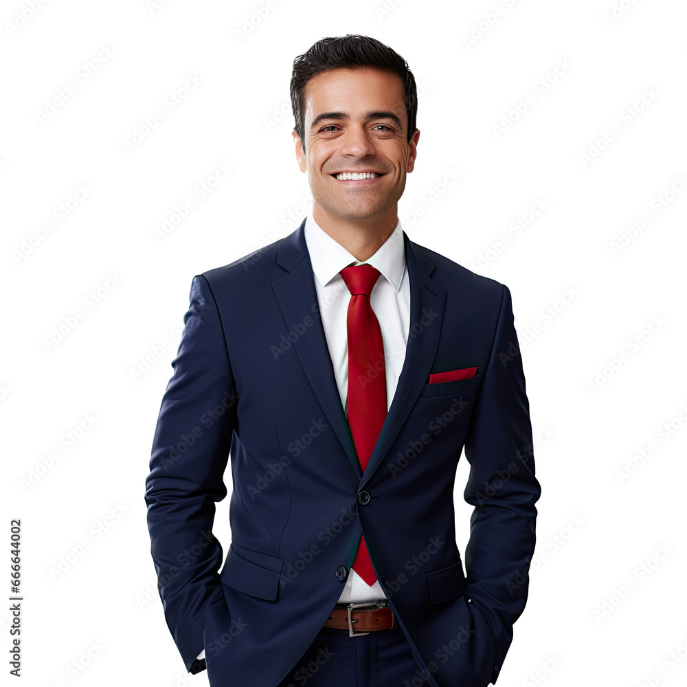 a businessman, smiling and confident, 3/4 body as an isolated and transparent PNG in a Business-themed, photorealistic illustration. Generative ai