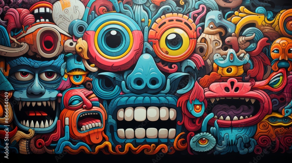 Vibrant strokes and playful characters dance across a vibrant canvas, blending graffiti and traditional art in a fluid explosion of creativity and joy Vibrant strokes and playful characters dance across a vibrant canvas, blending graffiti and traditional art in a fluid explosion of creativity and joy