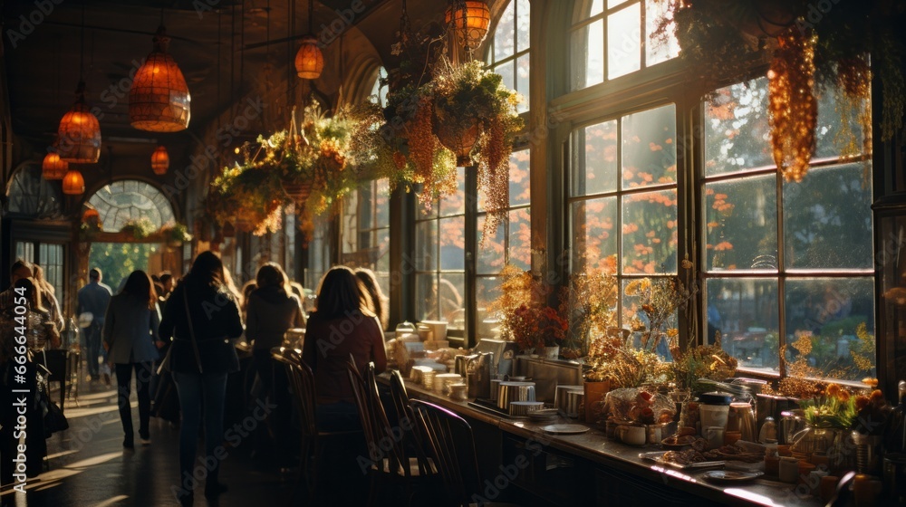 Amidst the bustling city streets on a crisp autumn night, a diverse group of people are gathered in a building, their colorful clothing illuminated by the warm light pouring through a window,