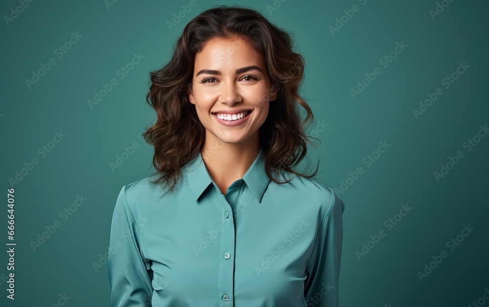Portrait of businesswoman with enthusiastic face expression, smiling, looking confident, standing in suit over green background Portrait of businesswoman with enthusiastic face expression, smiling, looking confident, standing in suit over green background
