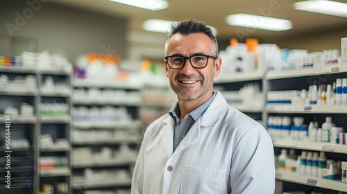 Handsome young male caucasian druggist pharmacist in white medical coat smiling and looking at camera in pharmacy drugstore