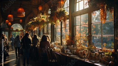 Amidst the bustling city streets on a crisp autumn night  a diverse group of people are gathered in a building  their colorful clothing illuminated by the warm light pouring through a window 