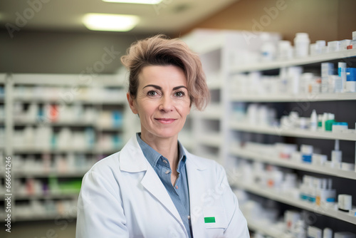 Mature female pharmacy employee with white coat smiling to camera. Professionals and healthcare