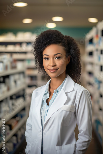 Black female pharmacy employeee with white coat. Vertical photo with copy space.