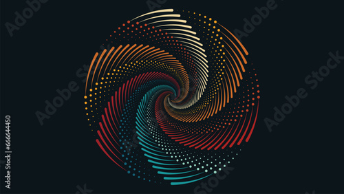 Abstract spiral multi color round vortex symbol background. This minimalist style logo type simple background can be used as a banner or mandala. 