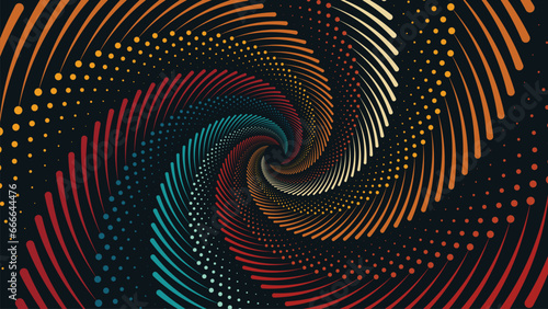 Abstract spiral multi color round vortex symbol background. This minimalist style logo type simple background can be used as a banner or mandala. 