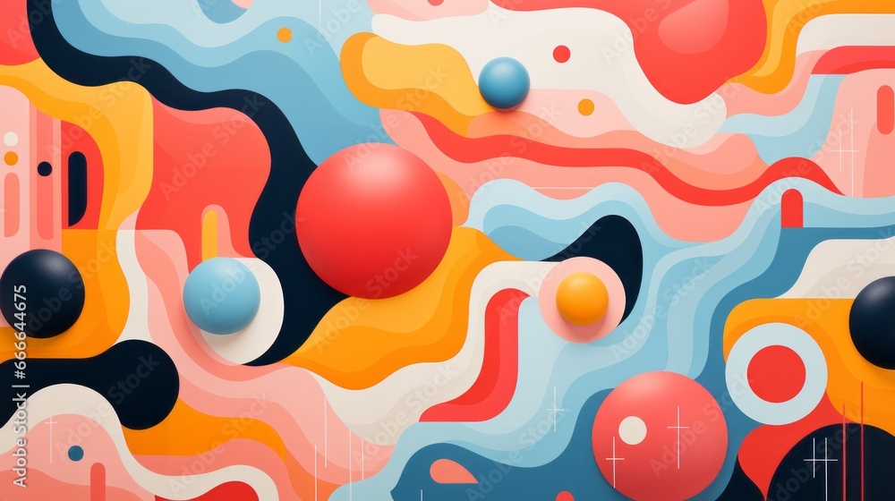 An explosion of vibrant hues and playful shapes dance across a dynamic canvas, igniting the senses with a whimsical fusion of abstract art and cartoon-like graphics