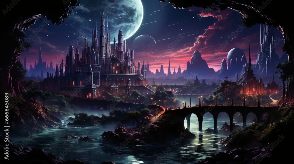 Under the glow of the moon, castle stood tall and proud, its towers reaching towards the sky as a bridge stretched over the tranquil waters below, a beautiful fusion of marvel and natural serenity - obrazy, fototapety, plakaty 