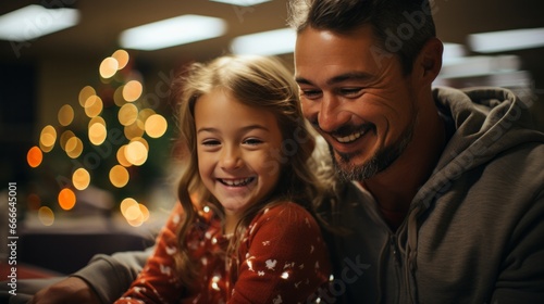 A father and his daughter share a moment of pure joy, their vibrant smiles lighting up the room as they stand beneath the ornate ceiling in their stylish outfits