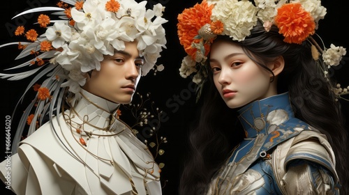 A woman and man donning headpieces of vibrant flowers, embodying beautiful blend of tradition and individuality, as a regal crown of roses adorns their heads, symbolizing blossoming love between them photo