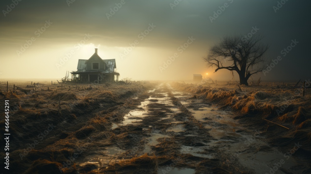 A solitary house stands amidst a wintry landscape, its silhouette blending into the misty sky as the sun breaks through the fog, casting a golden glow over the wild grass and barren trees