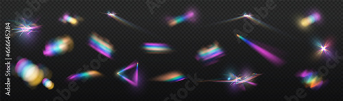 Crystal rays of light, prism refraction, lens flare, crystal glass reflection effect. Prism vector, realistic light leak effect with spectral flare. Bright light banner, poster, template.