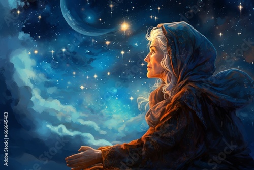 Vast Astronomer starry sky night old woman. Star science. Generate Ai photo