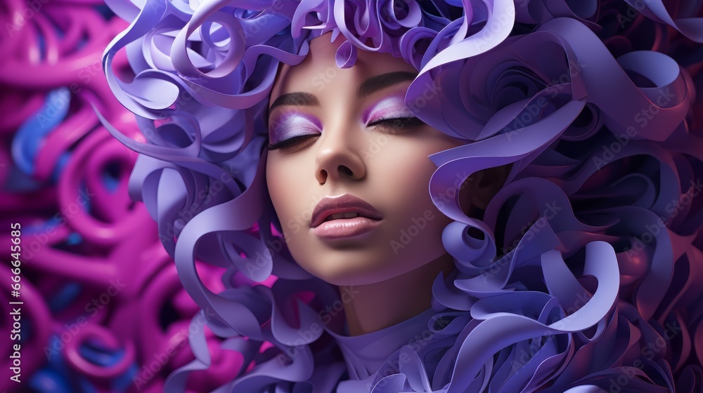 A fierce fashionista with flowing lilac locks exudes wild beauty amidst a sea of violets, blooming with confidence and embracing her unique purple passion A fierce fashionista with flowing lilac locks exudes wild beauty amidst a sea of violets, blooming with confidence and embracing her unique purple passion