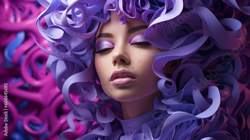 A fierce fashionista with flowing lilac locks exudes wild beauty amidst a sea of violets, blooming with confidence and embracing her unique purple passion