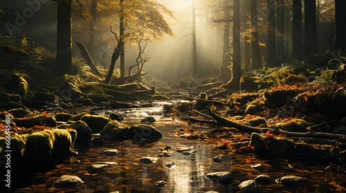 A serene autumn landscape, enveloped in misty veil, where trees and rocks mingle in embrace of a meandering river, amidst the rustling of deciduous foliage and the tranquil melody of flowing water