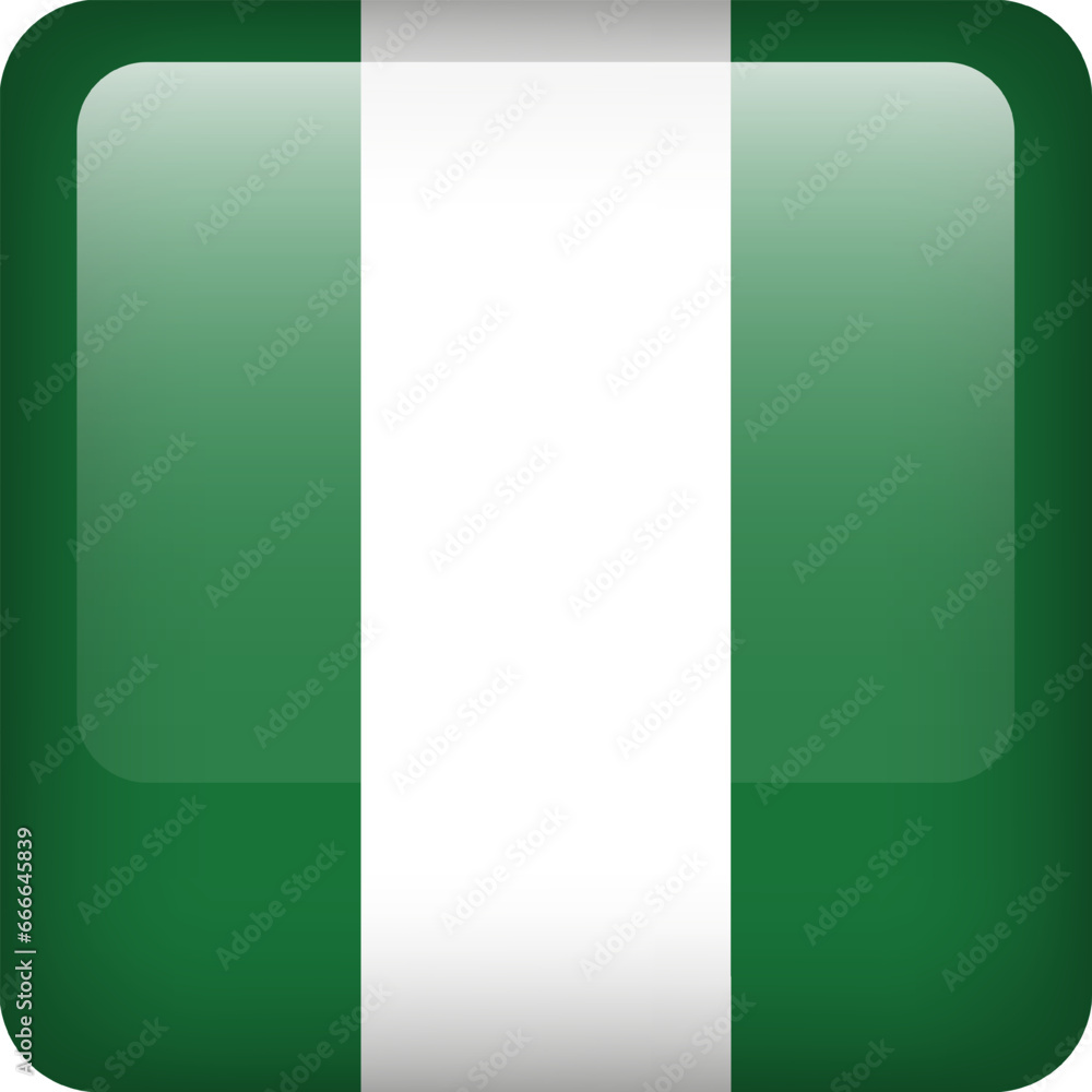 3d vector Nigeria flag glossy button. Nigerian national symbol. Square icon button with flag of Nigeria.