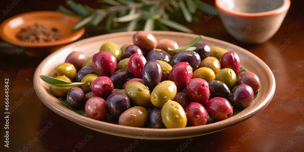 Homemade seasoned olives on a table plate. Generative AI. Homemade seasoned olives on a table plate. Generative AI.