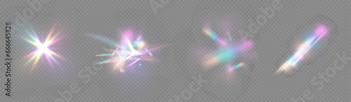 Crystal rays of light, prism refraction, lens flare, crystal glass reflection effect. Prism vector, realistic light leak effect with spectral flare. Bright light banner, poster, template.