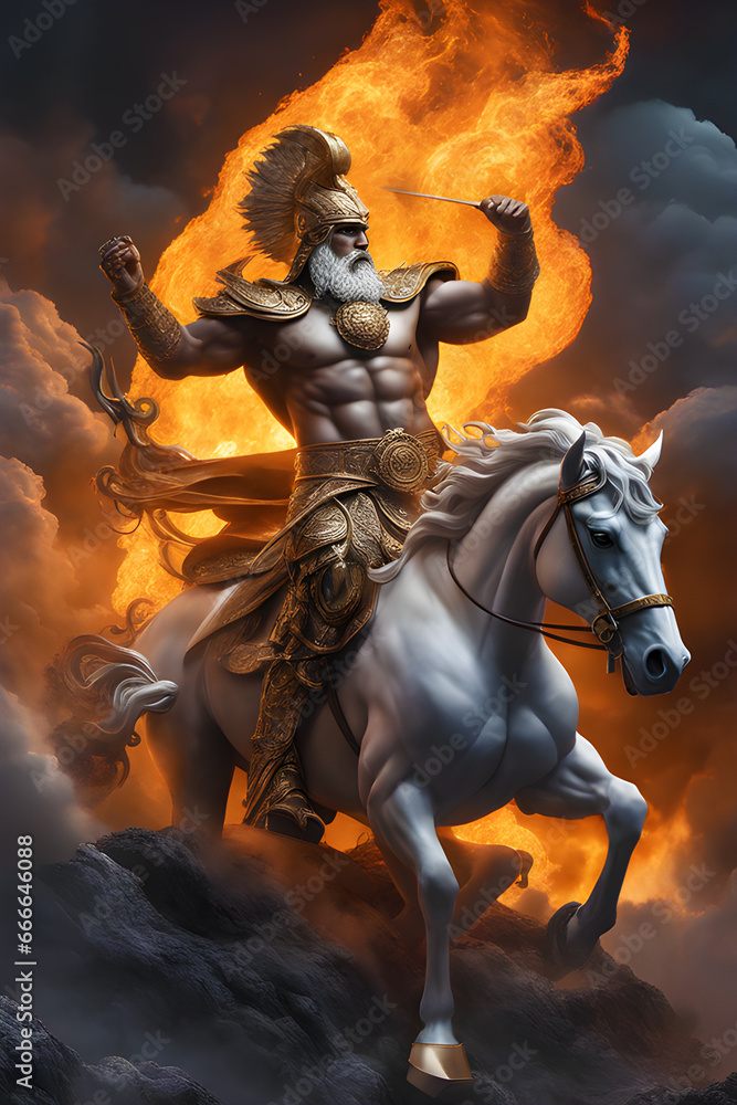 wrath of Zeus standing in cloud with fire ball eyes and fire gen ai wrath of Zeus standing in cloud with fire ball eyes and fire gen ai