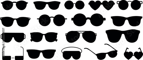 glasses , sunglasses silhouette vector illustration, black collection. Showcasing diverse styles, shapes perfect for summer, fashion, accessories designs.Ideal for unisex, men, women, children eyewear