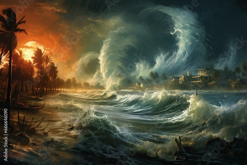 Illustration: hurricane, lightning, ocean, cataclysmic event, global warming, mega-tsunami, coastal city. Generative AI